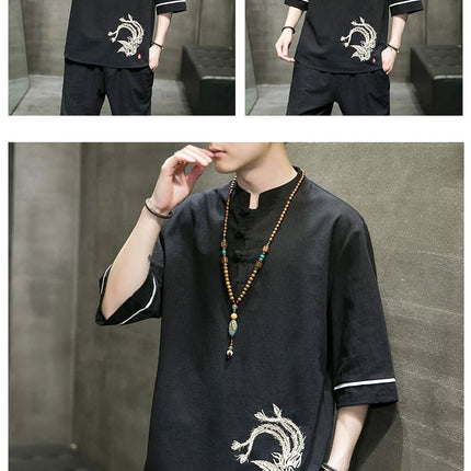 Ricamo Phoenix camicie a maniche corte uomo stile cinese cotone lino Cardigan retrò Mens tradizionale Kung Fu Tai Chi Casual Top