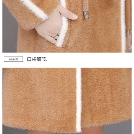 Imitation Mink Fleece Jackets Womens Autumn Winter Thicken Warm Hooded Woolen Coat High End Lady Gold Mink Velvet Wool Overcoat