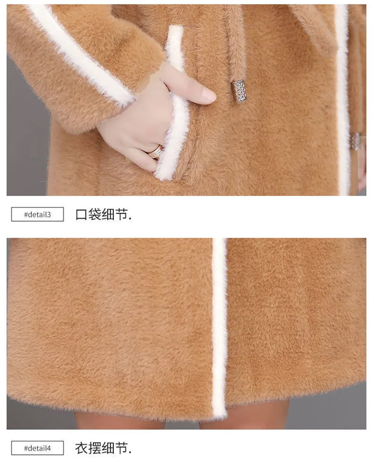 Imitation Mink Fleece Jackets Womens Autumn Winter Thicken Warm Hooded Woolen Coat High End Lady Gold Mink Velvet Wool Overcoat