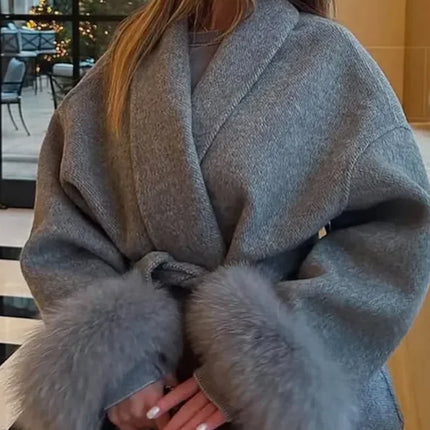 Women Grey Fur Splicing Woolen Coat Casual Belt Full Sleeve Lapel Loose Cardigan Outwear 2025 Lady Winter New Highstreet Jacket