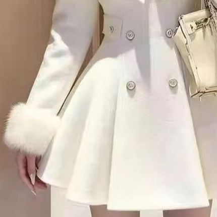 French Elegant Vintage Woolen 2 Piece Set Women Faux Fur Collar Cape + Fit Chic Dress New Winter A-Line Retro Party Outfits 2025