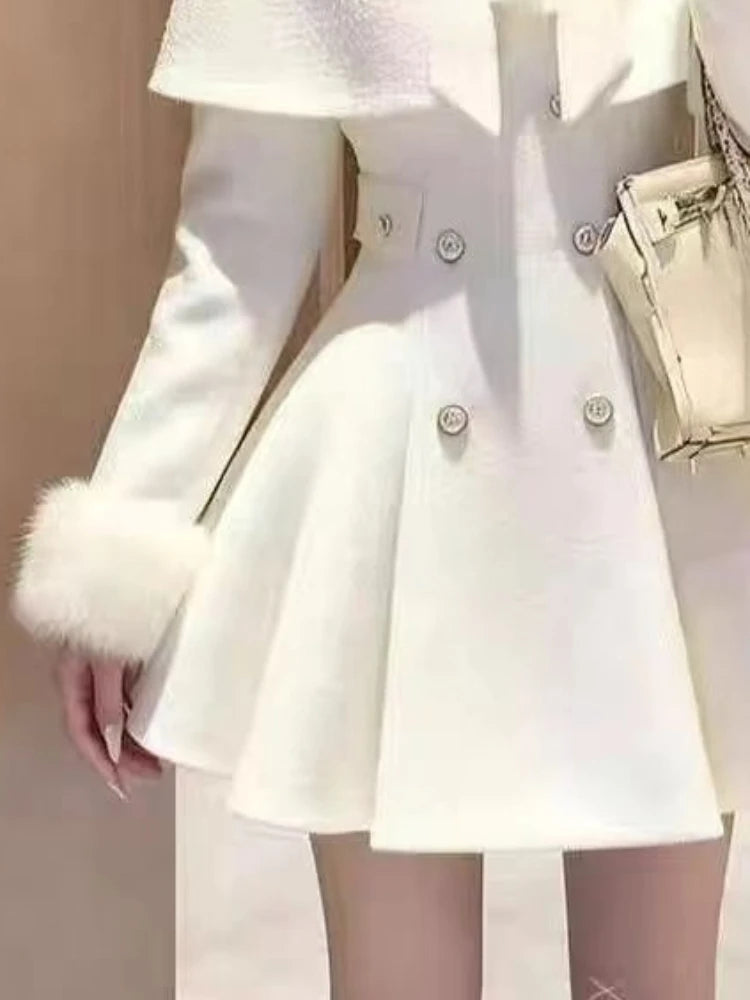 French Elegant Vintage Woolen 2 Piece Set Women Faux Fur Collar Cape + Fit Chic Dress New Winter A-Line Retro Party Outfits 2025