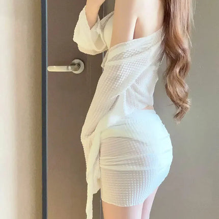 Costume da Bagno Donna 4 Pezzi Stile Coreano Bianco Nero Manica Lunga con Nodo Frontale e Gonna Copricostume 2025 – Perfetto per le Vacanze platinumshop
