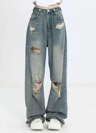 Jeans americani retrò traforati da donna a vita alta con cavallo dritto design sottile allentato High-street Vibe pantaloni trascinanti a gamba larga