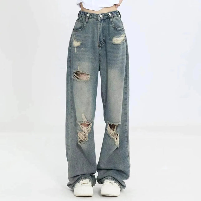 Jeans americani retrò traforati da donna a vita alta con cavallo dritto design sottile allentato High-street Vibe pantaloni trascinanti a gamba larga