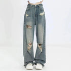 Jeans americani retrò traforati da donna a vita alta con cavallo dritto design sottile allentato High-street Vibe pantaloni trascinanti a gamba larga