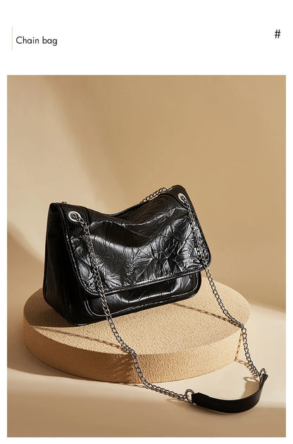 FOXER Women Genuine Leather + PU Shoulder Handbag Classic Fashion Black Tote Chain Bag