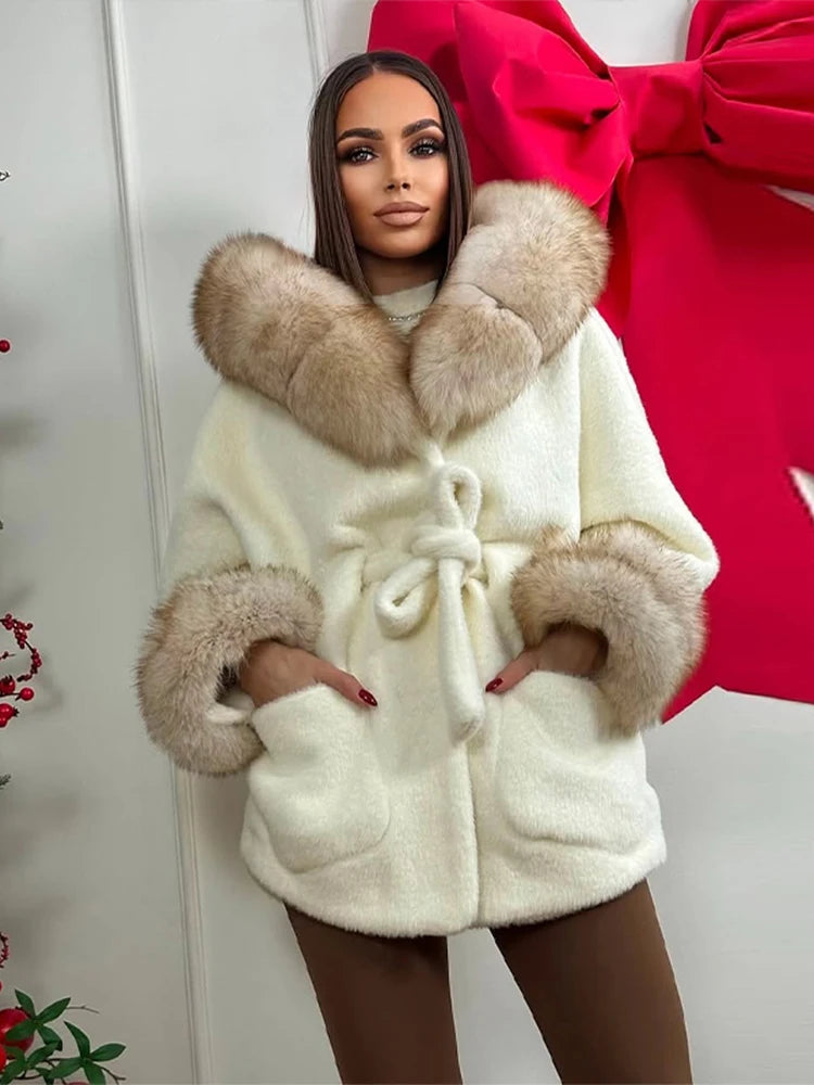 Cotton Lined Furry Fur Collar Belts Jacket Women Fashion Long Sleeve Thicken Warm Female Coat 2025 Winter Street Casual Outwear