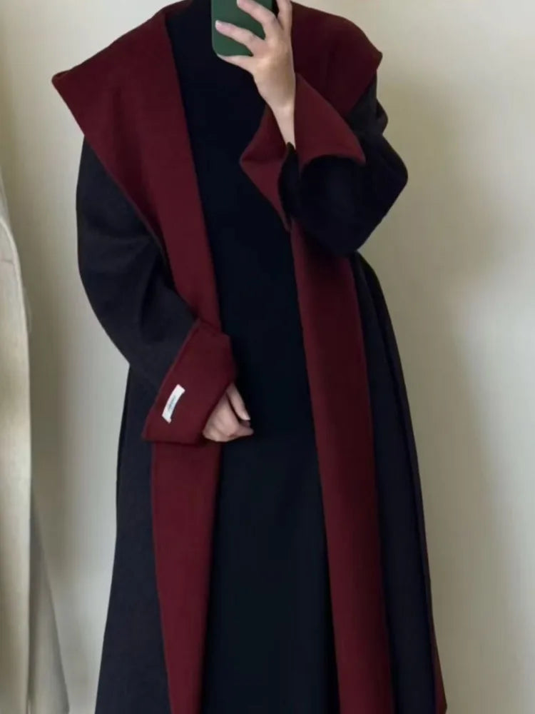 UCXQ Color Blocked Double Sided Wool Coat For Women Hooded Long Sleeved Belt Cardigan Coats 2025 Autumn Winter New Tide 23Z3934