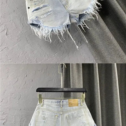 Shorts in denim da donna a vita alta, strappati, con orlo grezzo e sfilacciato, casual, hot pants - platinumshop