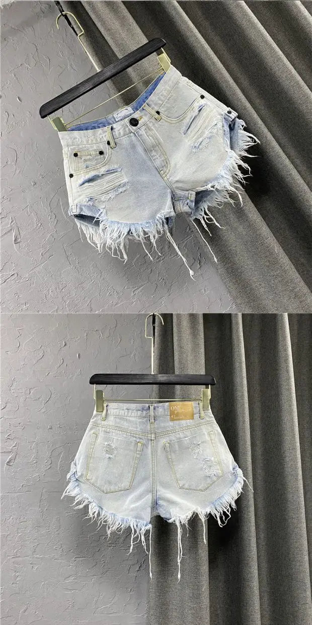 Shorts in denim da donna a vita alta, strappati, con orlo grezzo e sfilacciato, casual, hot pants - platinumshop