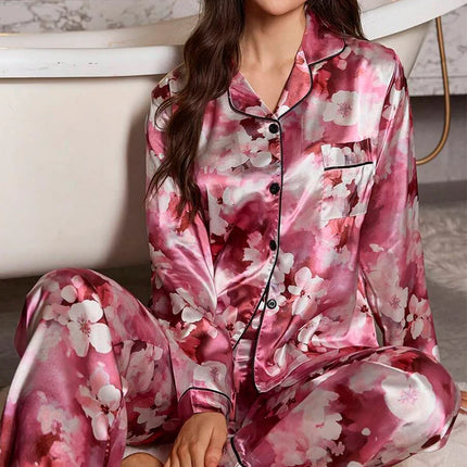 Pigiama da donna con stampa floreale color block, maniche lunghe e pantaloni in raso per un sonno confortevole, morbido pigiama e pigiama da notte