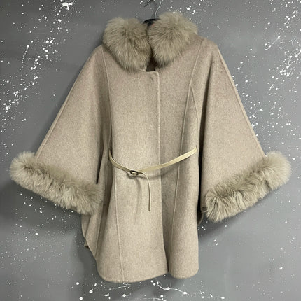 UCXQ Korean Style Two Sided Cloak Overcoat For Women Fur Collars Belt Loose Long Coats 2025 Winter New 23Z2284