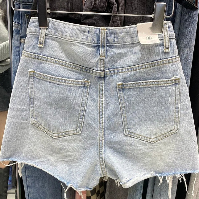 New Women's Denim Shorts with Raw Hems, A-Line Loose Fit, Ripped, High-Waisted, Hot Pants