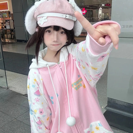 Harajuku Zip Hoodies Women Japanese Sweet Lolita Sweatshirts Kawaii Cartoon Print Y2k Hooded Overcoat Korean Fashion Clothes Top