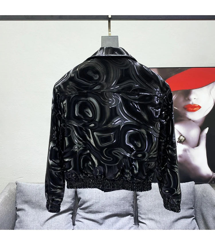 Mauroicardi Spring Autumn Cool Short Black Shiny Geometric Faux Leather Jacket Men Zipper Stylish Luxury Designer Clothes
