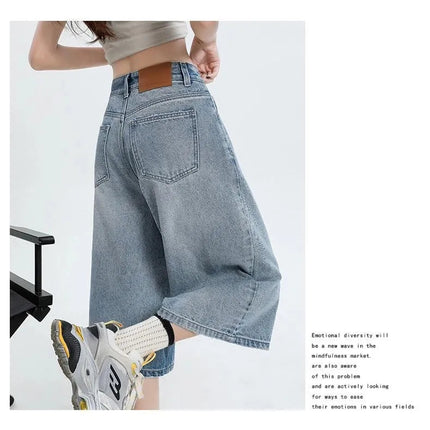 Women's Vintage Wide Leg Denim Capri Pants Shorts Summer New Plus Size Tummy Control Loose Straight Leg Casual Streetwear PlatiNum