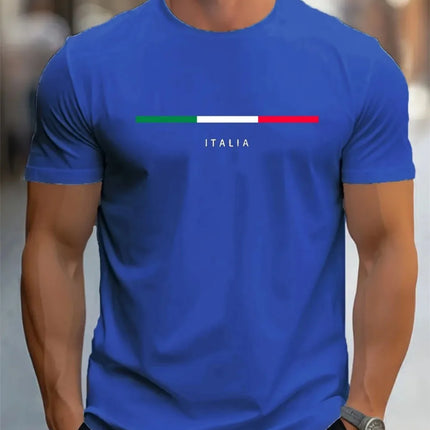 Men's Summer Short-Sleeved Sports T-Shirt with ITALY Print, Casual Loose Fashion Round Neck in Polyester Fabric