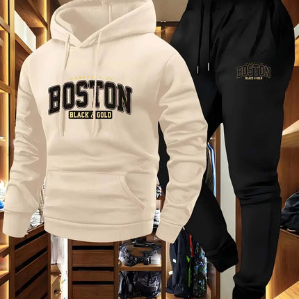 2-Piece Men's Casual Hooded Sweatshirt and Sweatpants Set - Los Angeles Letter Print Men's Outdoor Sports Set with Hooded Long S PlatiNum