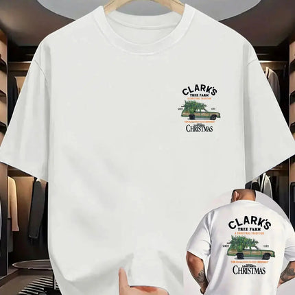 Men's Vintage Christmas Farm Graphic T-Shirt - White Short Sleeve Casual Shirt with Clark's Tree Farm & A Christmas Story Print PlatiNum
