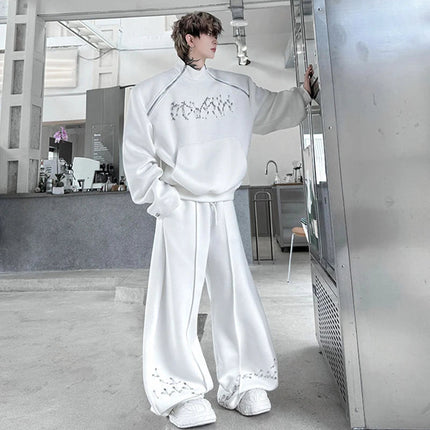 LUZHEN Fashion Street Two-piece Sets Men's Zipper Shoulder Design Long Sleeve Sweatshirt 2025 Autumn Loose Wide Leg Pants JY3912 PlatiNum