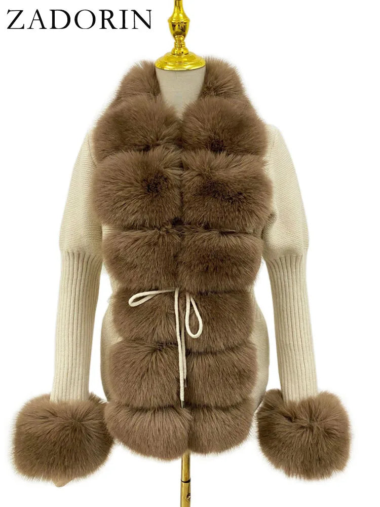 ZADORIN Autumn Winter Women Faux Fur Coat Luxury Knitted Sweater Fur Cardigan Detachable Collar White Pink Jacket Faux Fur Coats