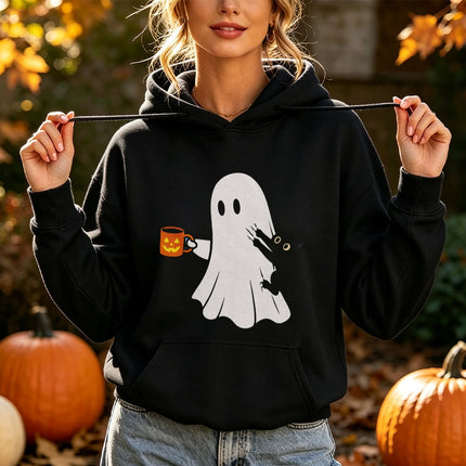 Ghost Black Cat Coffee Print Halloween Hoodie Spooky Season Graphic Pullover Women Fall Holiday Daily Wear Top Hoodies Women