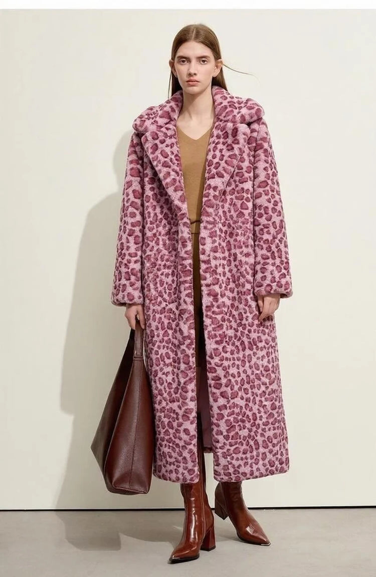 ZADORIN Elegant 130cm Long Furry Faux Rabbit Fur Coat Woman Y2K Clothes Leopard Lapel Faux Fur Jacket Woman Winter Fur Faux Coat