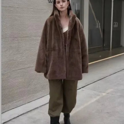 Women's Brown Plush Faux Fur Coat Funnel Neck Drawstring Waist Mid-Length Thick Winter Warm Elegant Luxe Chic Outerwear