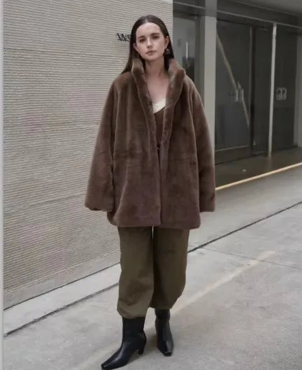 Women's Brown Plush Faux Fur Coat Funnel Neck Drawstring Waist Mid-Length Thick Winter Warm Elegant Luxe Chic Outerwear
