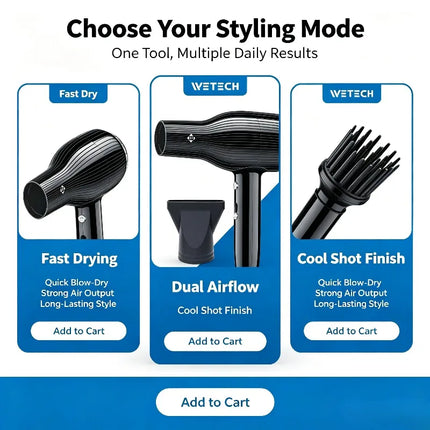 WETECH 2000W Professional Hair Dryer Salon High Power Blow Dryer With Concentrator Nozzle Cool Shot Function Fast Drying Household Hair Styling Tool