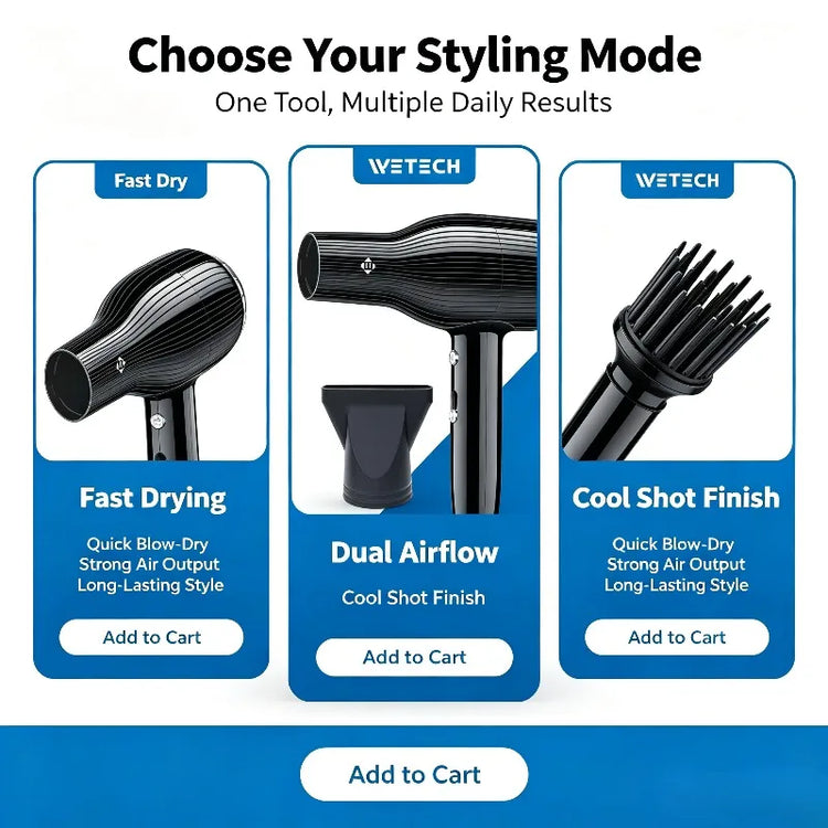 WETECH 2000W Professional Hair Dryer Salon High Power Blow Dryer With Concentrator Nozzle Cool Shot Function Fast Drying Household Hair Styling Tool