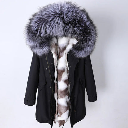 Winter Long Jacket Real Fur Coat Women Clothes Large Silver Fox Fur Collar Detachable Natural Fox Lining Parkas Leather Fur