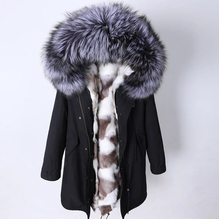Winter Long Jacket Real Fur Coat Women Clothes Large Silver Fox Fur Collar Detachable Natural Fox Lining Parkas Leather Fur