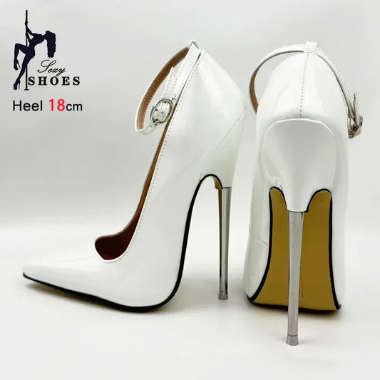 18CM/7'' Ultra high heel Ankle Strap Sexy Ballet Shoes Women Fetish White Pointed SM Game Stylish Stiletto Pumps Large Size 46 - PlatiNum