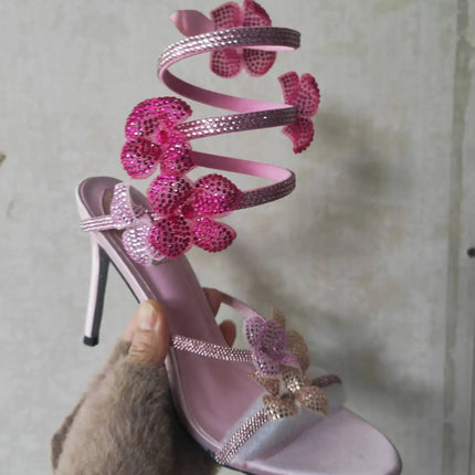 Aneikeh Elegant Pink Wedding Shoes CRYSTAL Bow High Heels Sandals Woman Summer Ankle Strap Thin High Heels Open Toed Party Shoes PlatiNum