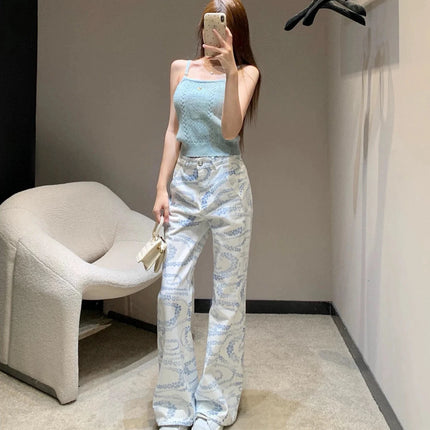 Jeans stampati bianchi da donna a vita alta a gamba larga coreani dritti larghi casual versatili autunno nuovi pantaloni alla moda di High Street