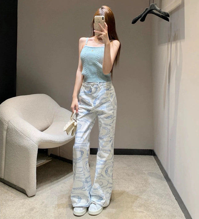 Women's High Waisted Wide Leg White Printed Jeans Korean Loose Straight Casual Versatile Autumn New High Street Fashion Trousers