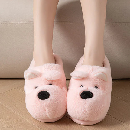 Cartoon Animal Dog Fluffy Slippers For Women House Winter Mules Platform Shoes Girls New Indoor Fuzzy Fur Slides Unisex Non-Slip