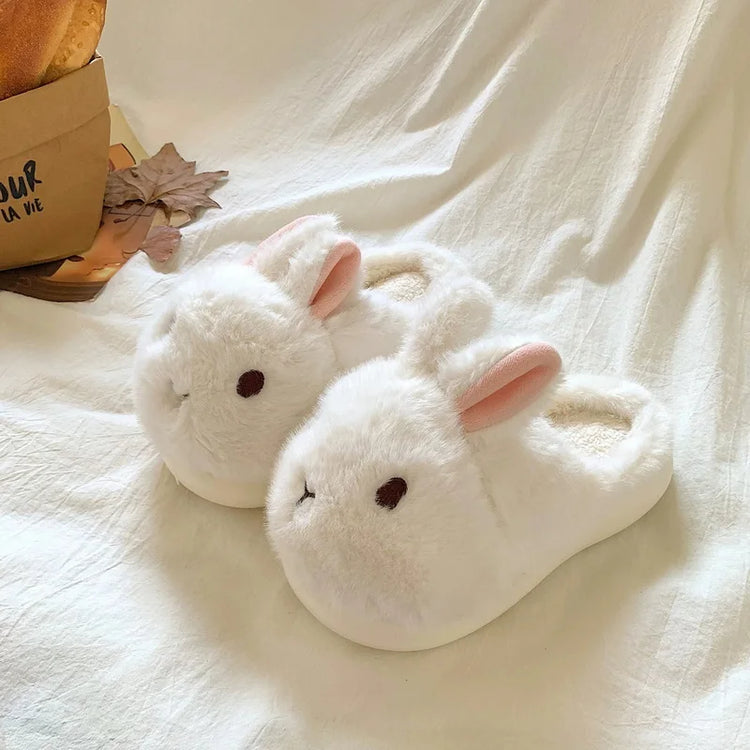 New Cute 3D Rabbit Furry Slippers Women Winter Warm Plush Closed Back House Shoes Non Slip Bunny Indoor Flip Flops Home Slipper
