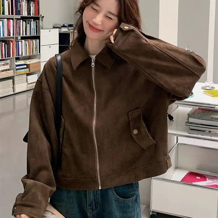 Retro Style Women's Short Suede Jacket Coffee Color Korean Style Autumn Coat Zipper Pocket Polyester Fiber Windproof