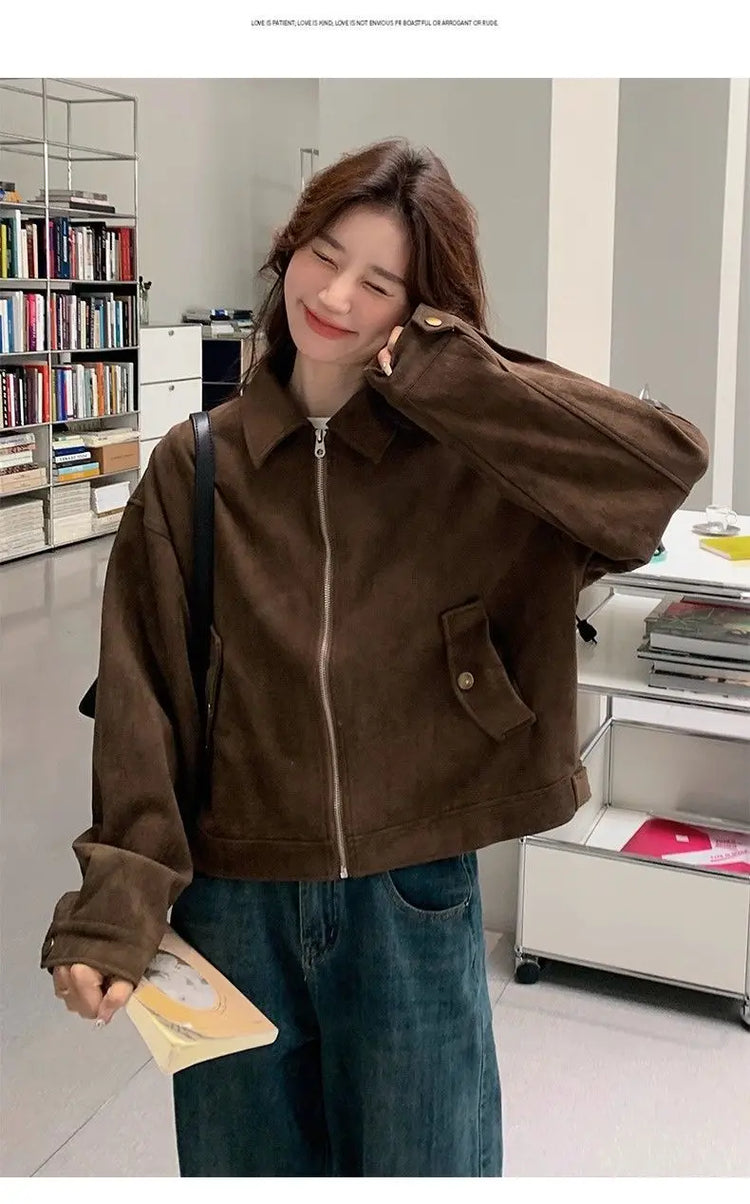 Retro Style Women's Short Suede Jacket Coffee Color Korean Style Autumn Coat Zipper Pocket Polyester Fiber Windproof