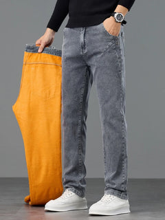 Thick Warm Slim Fleece Jeans Men's Winter New Business Stretch Velvet  Trousers Korean Gray Plush Denim Pants Male
