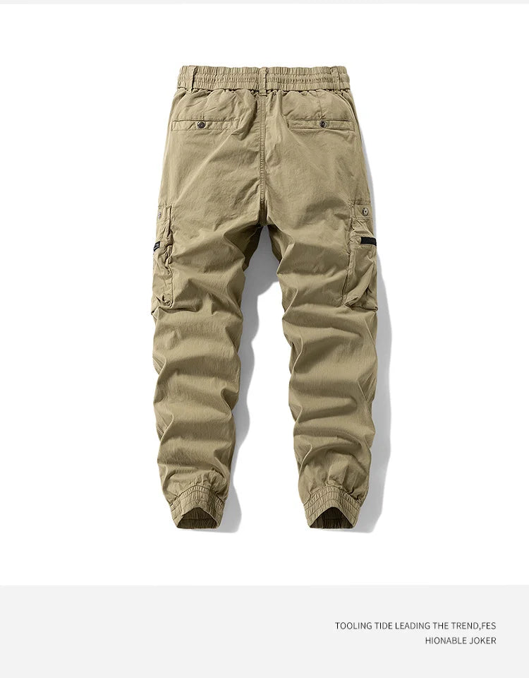 Men Zipper Flap Cargo Jogger Pants Elastic Drawstring Waist Cuffed Hem Wear Resistant Tactical Outdoor Trousers539