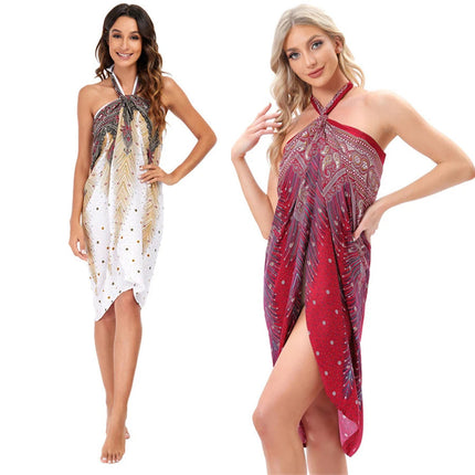 Abito da donna Boho Maxi Wrap Gonna lunga con allacciatura Abito da spiaggia Copricostume Abito vintage bohémien regolabile a vita alta in rayon platinumshop