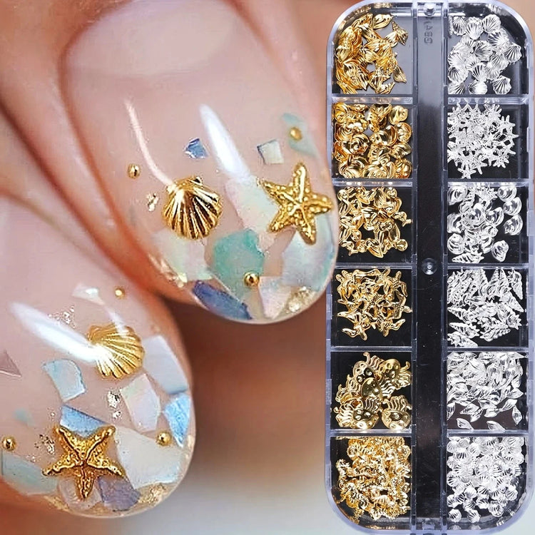 Ocean Starfish Shell Nail Charms Golden Silver Metal Nail Art Decoration 3D Nail Rivet Metallic Slice DIY Manicure Nail PartsY2K