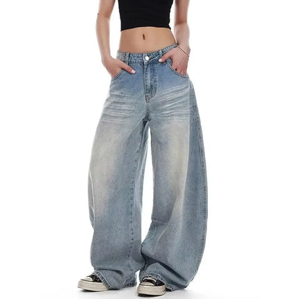 Jeans Casual Vintage Y2k con Ricami, Blu, Vita Alta, Gamba Larga, Stile Americano Retrò Anni '90
