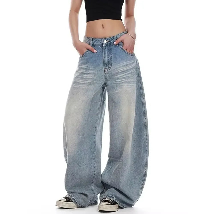 Jeans Casual Vintage Y2k con Ricami, Blu, Vita Alta, Gamba Larga, Stile Americano Retrò Anni '90