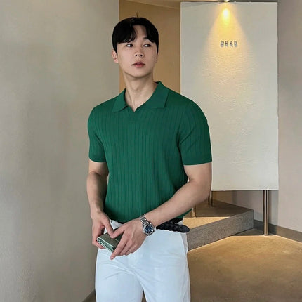 Men's Slim Fit Solid Color Stretchy Polo Shirt Sexy Fashion Trendy Cotton Casual Top Comfortable Elastic Summer Clothes