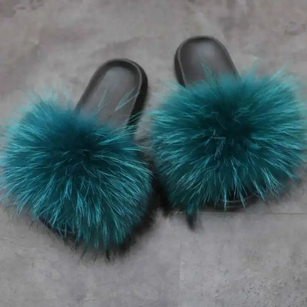 Real Raccoon Fur Slippers for Women 2023 Summer Fluffy Indoor Home Fuzzy Flat Slides Outdoor Fashion Beach Sandals Flip Flops